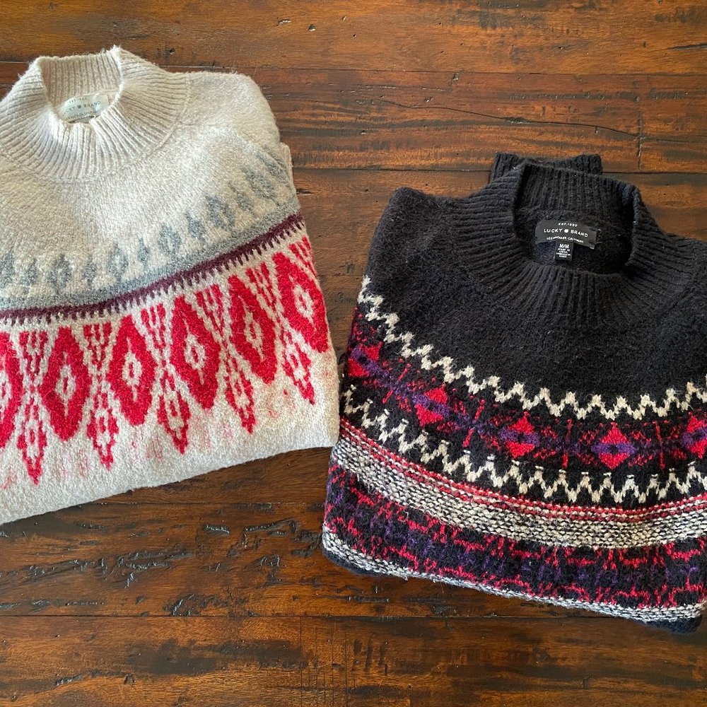 2 Lucky Brand Fair Isle Mock Turtleneck Knit Patterned Sweaters